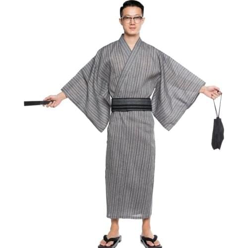 Plus XL Male Simple Japanese kimono robes Summer 100% cotton bathrobe Casual dressing gown men bathrobe with obi and bag DH048