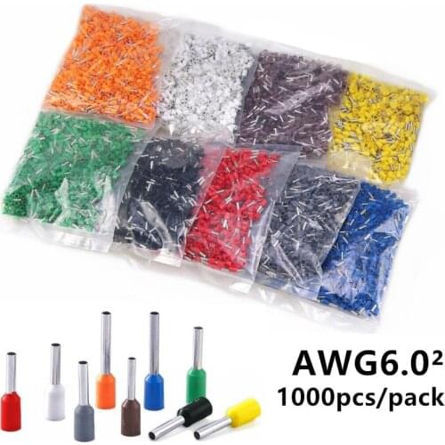 1000pcs E6012 E6018 Insulated Ferrules Terminal Block Cord End Wire Connector 6.0mm2, Crimp Terminator