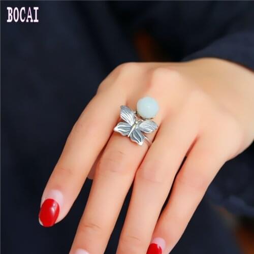 Original small fresh ladies jewelry S925 pure silver natural stone butterfly lotus ring for women