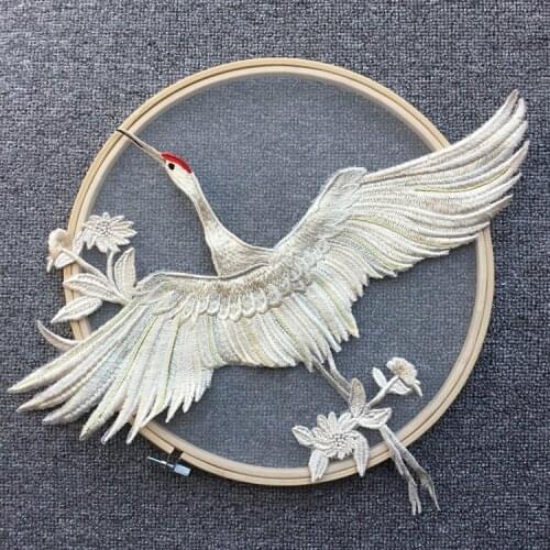 Red crowned cranes, cranes, lace embroidery, large patches, flowers, folk wind, stage, childrens wear, DIY flower stickers