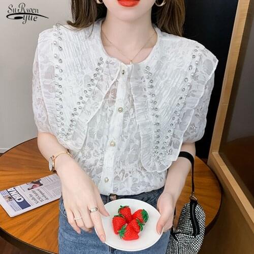 Summer New 2021 Casual Loose Beading Lace Shirt Korean Fashion Chic Shirt Embossed Shirt Girl White Thin Women Tops Blusas 15246
