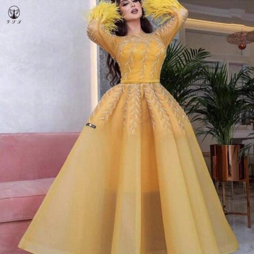 Best Selling O Neck Beaded Stones Heavily Long Sleeve Feather A Line Yellow Evening Dresses