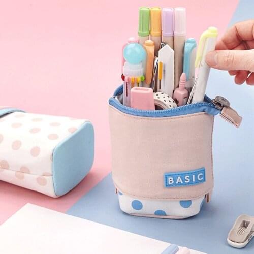 Cute Collapsible Pencil Pen Pouch Dot Print Lightweight Large Capacity Stationary Cosmetics Bags for Students Girls NIN668