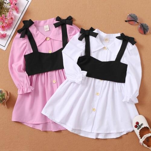 Fashion Autumn Girls Casual Two-piece Dresses Clothes Set Toddler Kids Solid Color Collared Shirts Dress and Black Vest