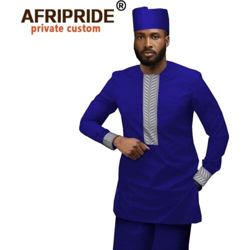 Men`s Causal African Clothing Dashiki Printed Traditional Set Tribal Shirt Pant and Hat 3 Piece Wax Outfits AFRIPRIDE A2016018