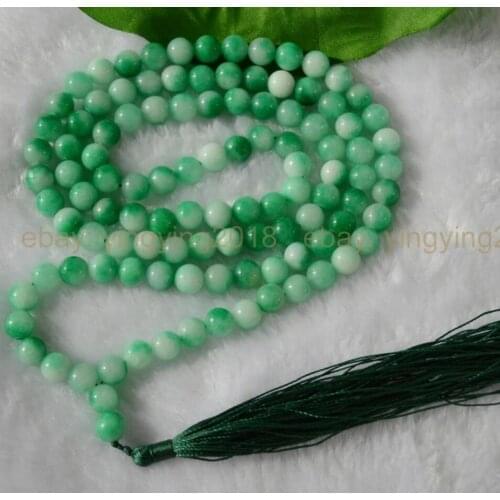 Ping Hot sale 8mm Natural Green Jade Tibet Buddhist 108 Prayer Beads Mala Necklace