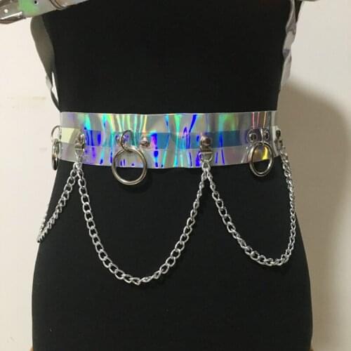 Women Punk Shinny PVC harness wide waist belt buckled suspenders belt Metal Chain Tassel waist belt for Women