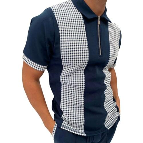 2021 New Summer Mens Casual Stitching Polyester Zipper Lapel Shirt Swallow Belt Stitching Polo Shirt Casual Formal Shirt Men