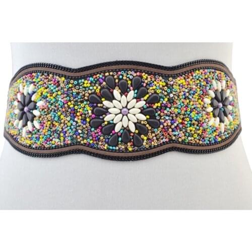 Europe And The United States Wide And Thick Beaded Belt Fashion Retro Set Turquoise Beads Versatile Waist Chain Jewelry Black