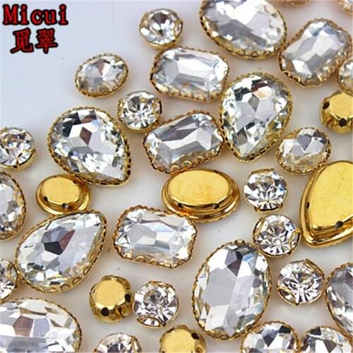 Micui 30PCS Glass Sew On Rhinestones with Gold Copper Claw Crystal Sew On Claw Rhinestone Glitter Strass For Clothes MC735