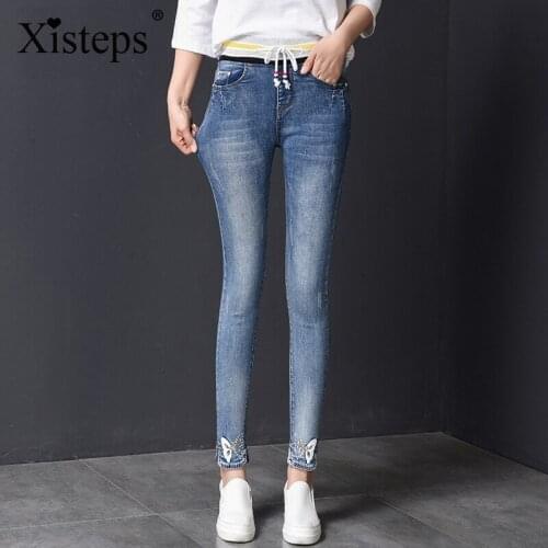 Xisteps Skinny Jeans Woman Pantalon Femme Denim Pants Casual Strech Beading Tight Jeans With Elastic Waist Plus Size