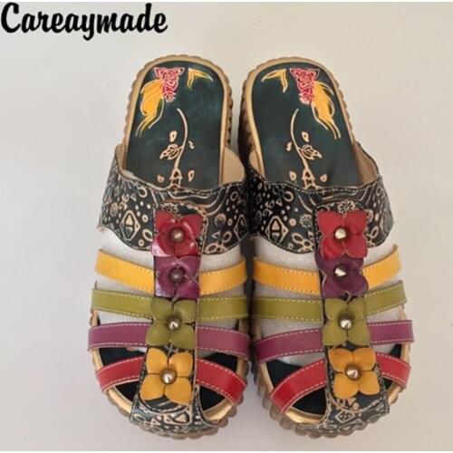 Careaymade-Hot selling,New Summer Sandals,Women ethnic style genuine leather slippers,Flower handmade slippers 958-13