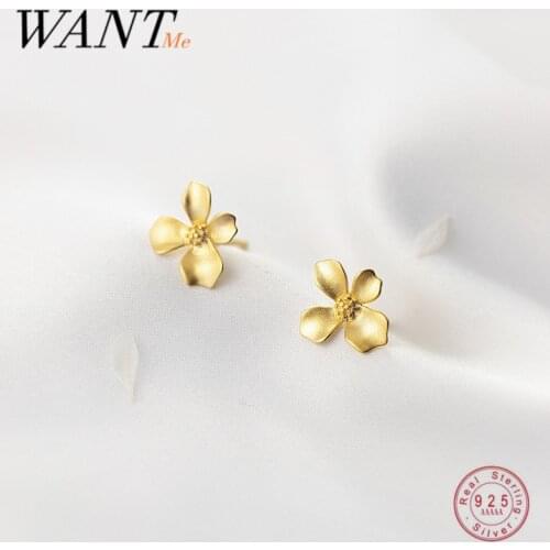 WANTME 925 Sterling Silver Fashion Sweet Frosted 18k Gold Four Petal Flower Romantic Stud Earrings for Women Teen Party Jewelry