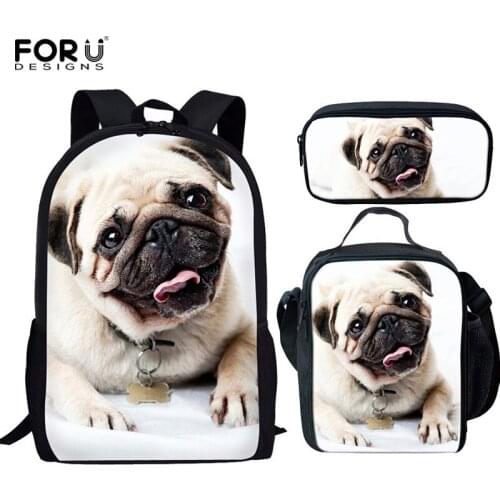 FORUDESIGNS Fashion Girls 16 inch Casual Backpack Set Pug Dog Prints Women Travel Bag Preppy Style School Bag Set Pencil Bag