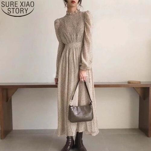 Fashion Stand Collar Long Sleeve A-line Dresses Vintage Floral Print Dress Women Elastic Waist Dress Autumn Vestidos Femme 11453