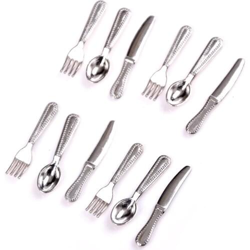 12PCS/set Vintage Dollhouse Miniatures Tableware Mini Cutlery Knife Fork Spoon Childrens Toy Doll House Decor 2Colors