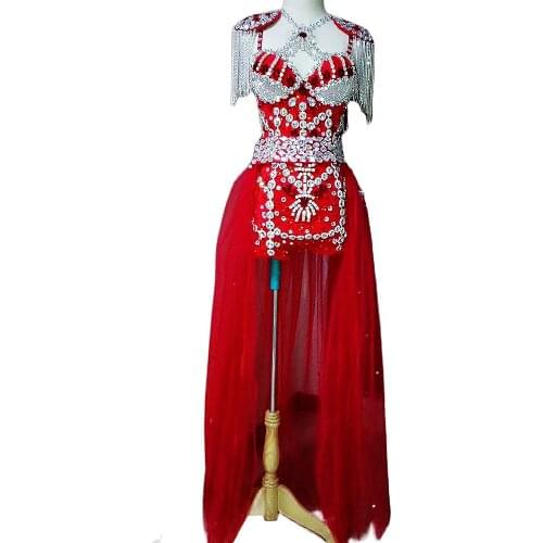 Glistening Rhinestones Silver Tassel Women Bodysuits Red Tailing Handmade Evening Prom Outfit Nightclub DJ Singer Stage Costumes