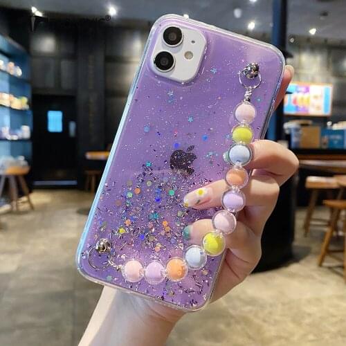 Glitter Rainbow Chain Phone Case for iPhone 12 11 Pro Max XR Xs MAX Soft Purple Shiny Stars Wrist Case for iPhone 7 8 Plus Cover