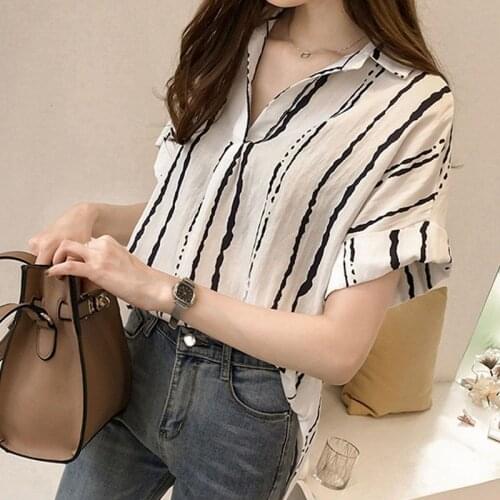 Women Blouses Summer 2021 Korean Loose Casual Striped Blouse Lapel Short Sleeve Shirt Tops Female Clothing Fashion Y954