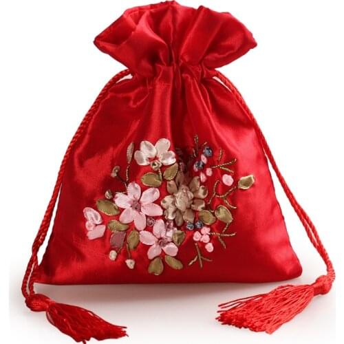 Big Satin Drawstring Jewelry Pouch Handmade Ribbon Embroidery Birthday Party Favor Bags Fabric Gift Packaging Bags 2pcs/lot