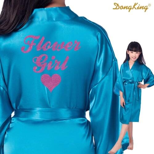 DongKing Flower Girl Robes Flower Girl Heart Golden Glitter Print Faux Silk Kimono Robes Wedding Gift Girl Child Kids Bride Team