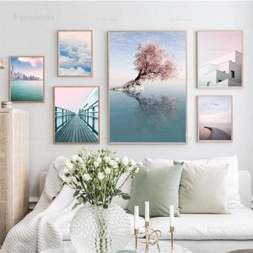 Blue Sky Cloud Bird Sea Tree Landscape Canvas Painting Fashion Nordic Posters and Prints Wall Pictures for Living Room Decor