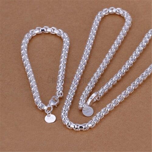 Silver 925 Jewelry Set for Women Fashion 4mm Round Box Chain Bracelet Necklace 2 pcs Costume Wedding Party Bridal Jewellery Set