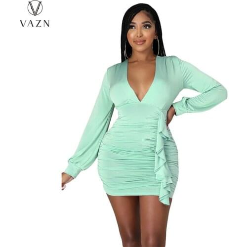 VAZN 2021 Summer New Women Fashion New Street Girl Style Short Dress Long Sleeve Deep V Pure Color Mini Short Dress