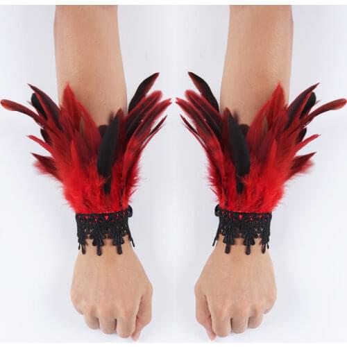 2pcs Lace Feather Wrist Cuffs Black Real Natural Dyed Rooster Feather Arm Warmers Party Cosplay Costume Accessory Feather Gloves