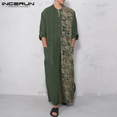 Muslim Men Caftan Print Patchwork Button Long Sleeve O Neck Cotton Jubba Thobe Islamic Arabic Kaftan Casual Dubai Abaya INCERUN