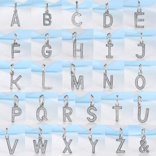 New 925 Sterling Silver Bead Charm Micro-pave With Clear CZ Alphabet Pendant Fit Original Bracelets Bangles DIY Jewelry