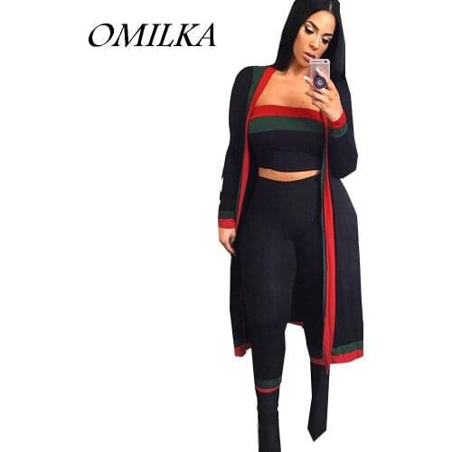 OMILKA 2018 Summer Women Striped Printed Crop Top Long Pant Trench Coat 3 Piece Set Sexy Black Tracksuits Clothing Set