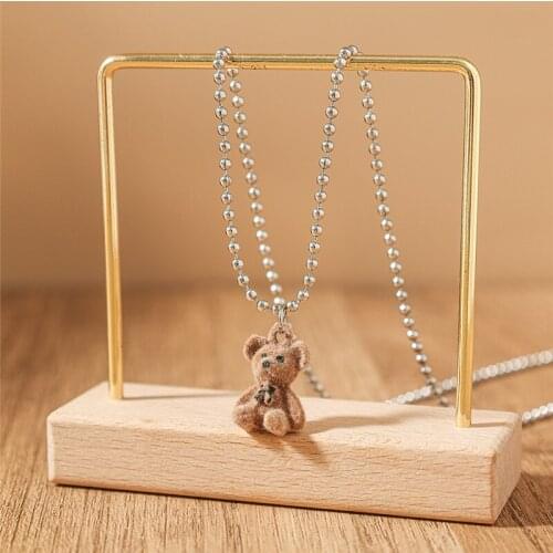 Kawaii Plush Bear Pendant Necklace for Women Girls Korean Fashion Cartoon Bear Long Sweater Neck Chain Necklaces Jewelry Collar