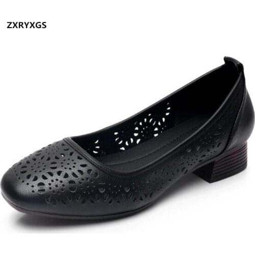 Top Cowhide Hollow Breathable Shoes Women Sandals Thick with Low Heel Shoe 2020 New Summer Autumn Leather Shoes Woman Large Size