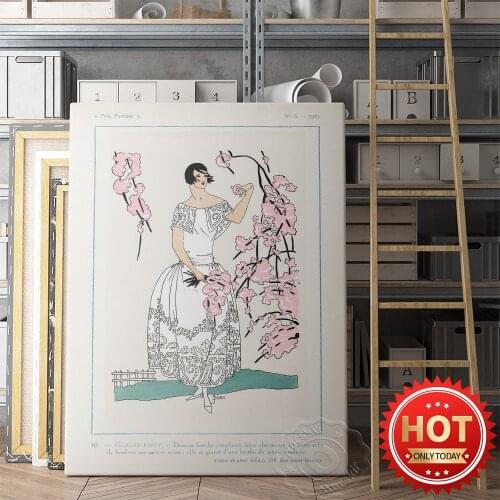 France Beauty Admire The Beauty Of Flowers Poster, Nordic Style Home Decor Prints, White Dress Black Hair Fashion Girl Mural