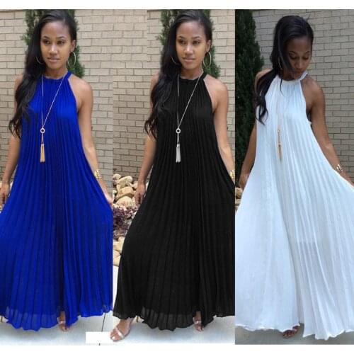 Casual Chiffon Long Pleated Dress Summer Beach Wear Sexy Sleeveless Boho Sundresses Straight Loose Long Dresses Women Clothing