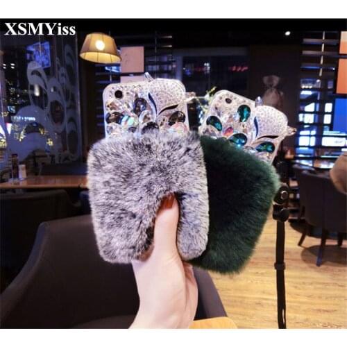 Luxury Bling Rhinestone Fox Diamond Real Rabbit Fur Soft Cover Case For Samsung S6 S7 S8 S9 S10 PLUS S10 Lite Note5 8 9 Case