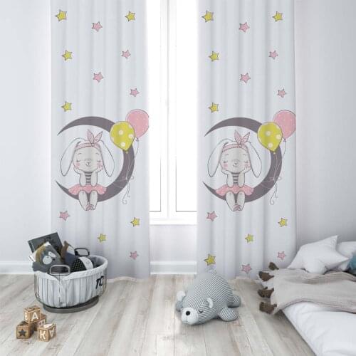 Curtains Children 3D Printed Decorative Items Home Childrens Room Moon Rabbit Yellow Pink Model 007