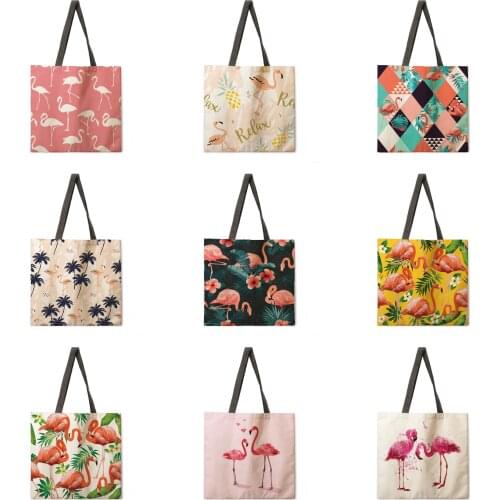 Folding shopping bag flamingo print bag lady shoulder bag female leisure handbag outdoor beach bag female handbag