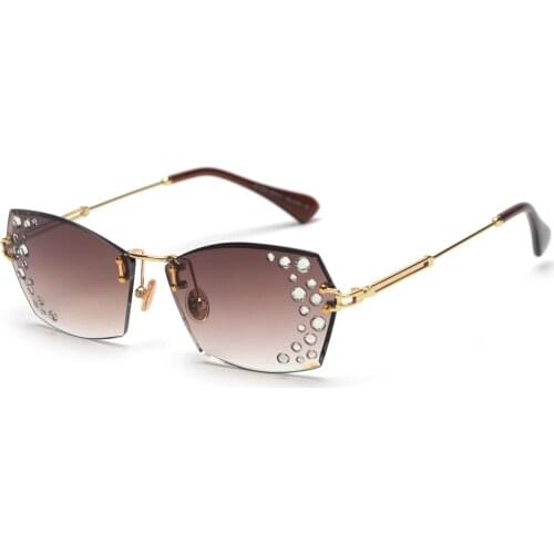 Veshion Luxury Designer Rimless Sunglasses Women Rhinestone 2021 Women Clear Lens Sun Glasses Female Gift Uv400 Brown