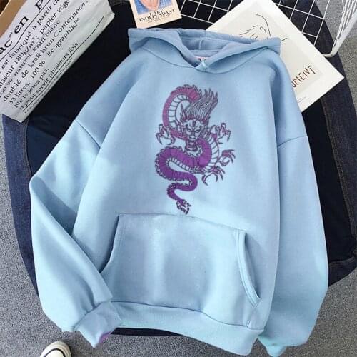 Dragon Print Sweatshirt Women Hoodie Cute Hip Hop Kawaii Harajuku Oversized Kangaroo Pocket Womens Tops Clothes 2020 Autumn New