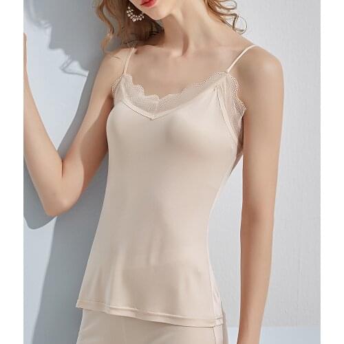 Womens Spaghetti Strap Camisole Cami Tank Top 23% Silk Basic Solid V Neck Lace Undershirt Female Bottoming Summer