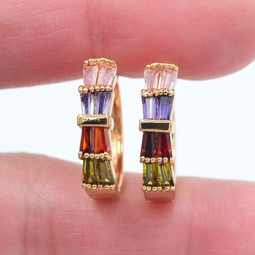 Gold Color Women Fashion Multicolor Cubic Zirconia CZ Bowknot Huggie Hoop Earrings Jewelry