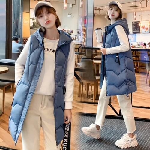 Black 2021 New Women Winter Vest Waistcoat New Women Long Vest Sleeveless Jacket Hooded Quilting Down Cotton Warm Vest Female
