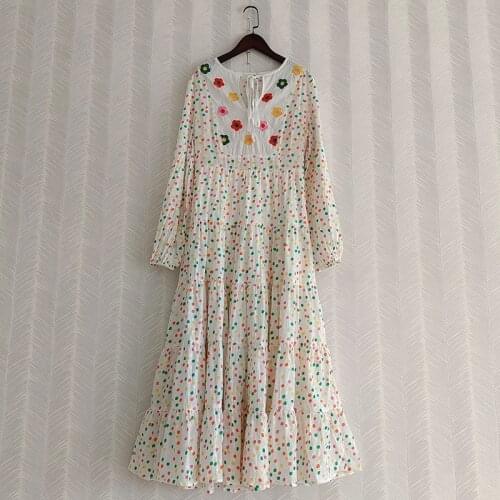 France Style Womens High quality floral embroidery Polk dot long sleeves Dress A155