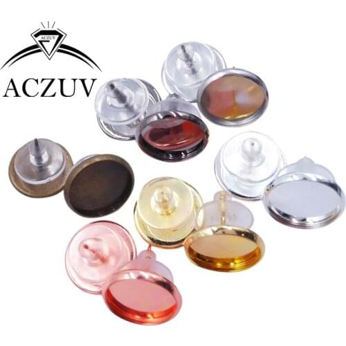 200pcs/Lot Fit 8mm 10mm 12mm 14mm 16mm Glass Cabochon Cameo Base Setting Bezel Blank Earring Posts W/ Rubber Stopper Backs