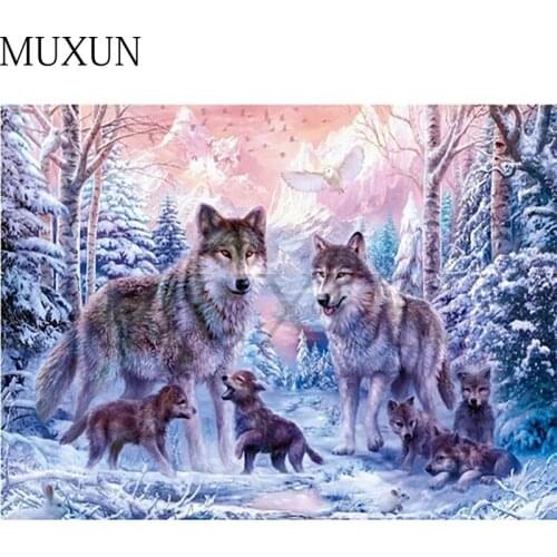 Muxun 5D Diamond Embroidery Animals Forest Landscape Full Square / Round Diy Diamond Painting Wolf Family Rhinestone Sale X0306