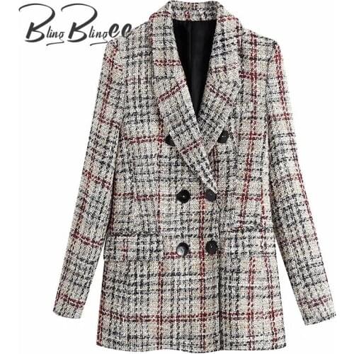 BlingBlingee Za 2021 Autumn Winter Woman Traf Coats Shawl Collar Tweed Woolen Double Breasted Slim Blazers Casual Plaid Jacket
