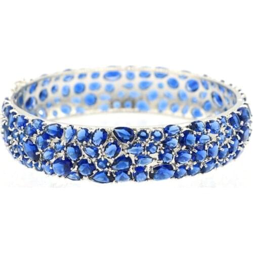 72x15mm SheCrown Big Heavy 30g Created Lonon Blue Topaz Tanzanite 925 Sterling Silver Bangle Bracelet 7.5inch
