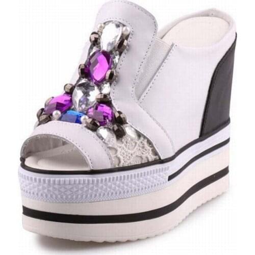 Summer Fashion New Platform Wedges Sandals Women Casual Rhinestone Diamond Beading Open Toe High Heels Slippers Genuine Leather